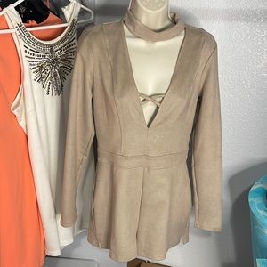 BEBE Tan Suede Long Sleeve Romper